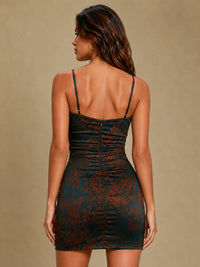 Teal Floral Satin Mini Dress with Ruched Bust and Spaghetti Straps