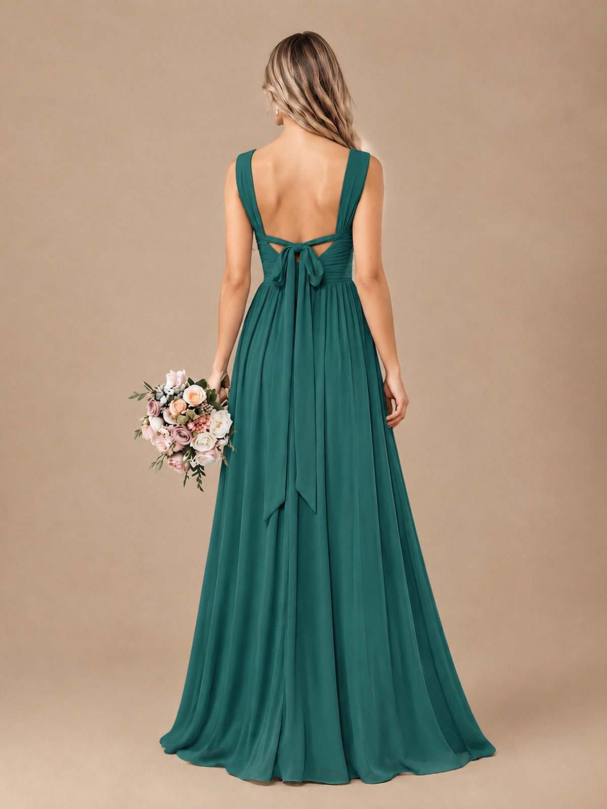 Pleated Chiffon V Neck Wedding Bridesmaid Dresses Floor Length with Slit