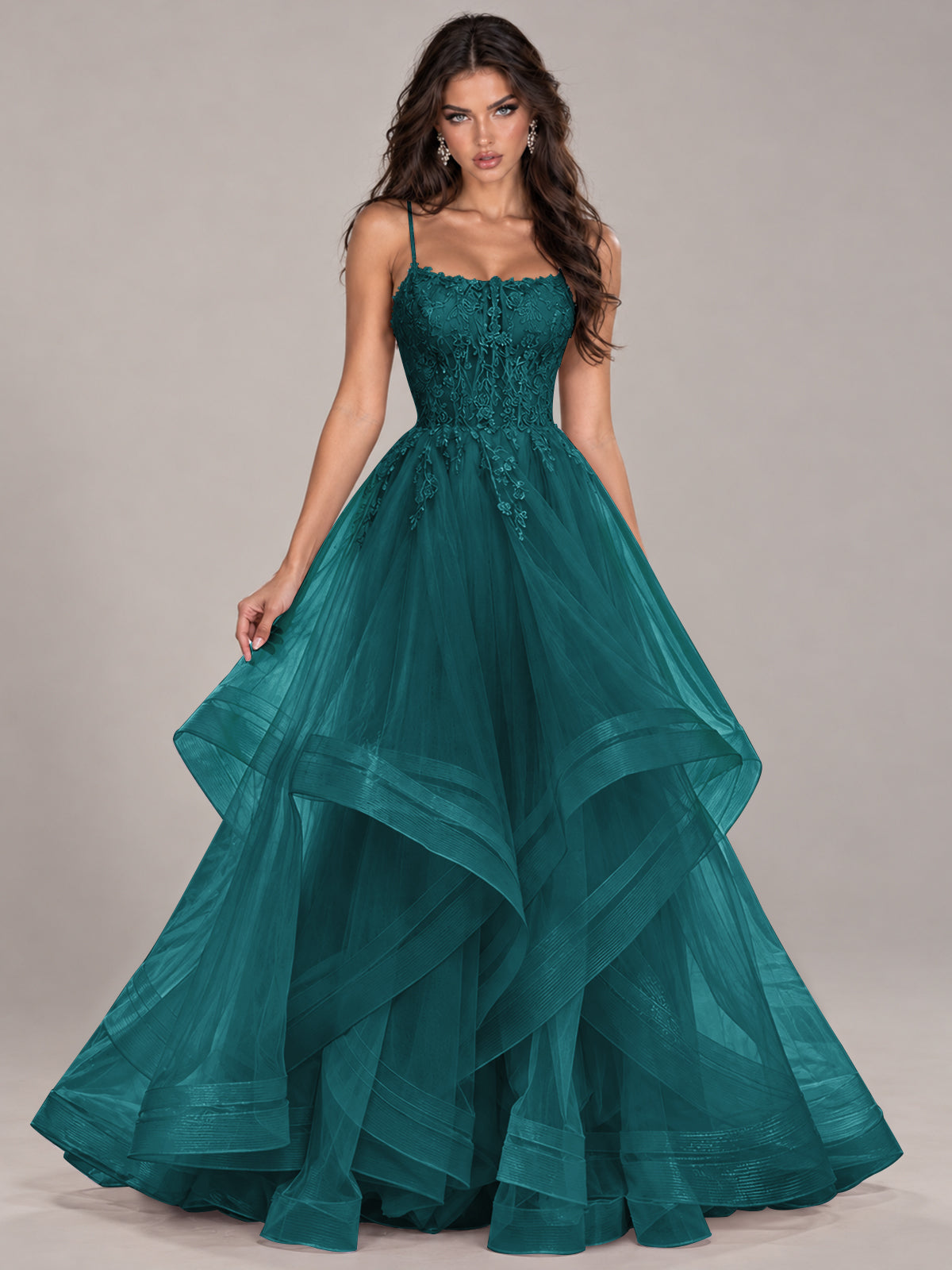 Lace Corset Ball Gown Prom Dress with Cascading Tulle Ruffles