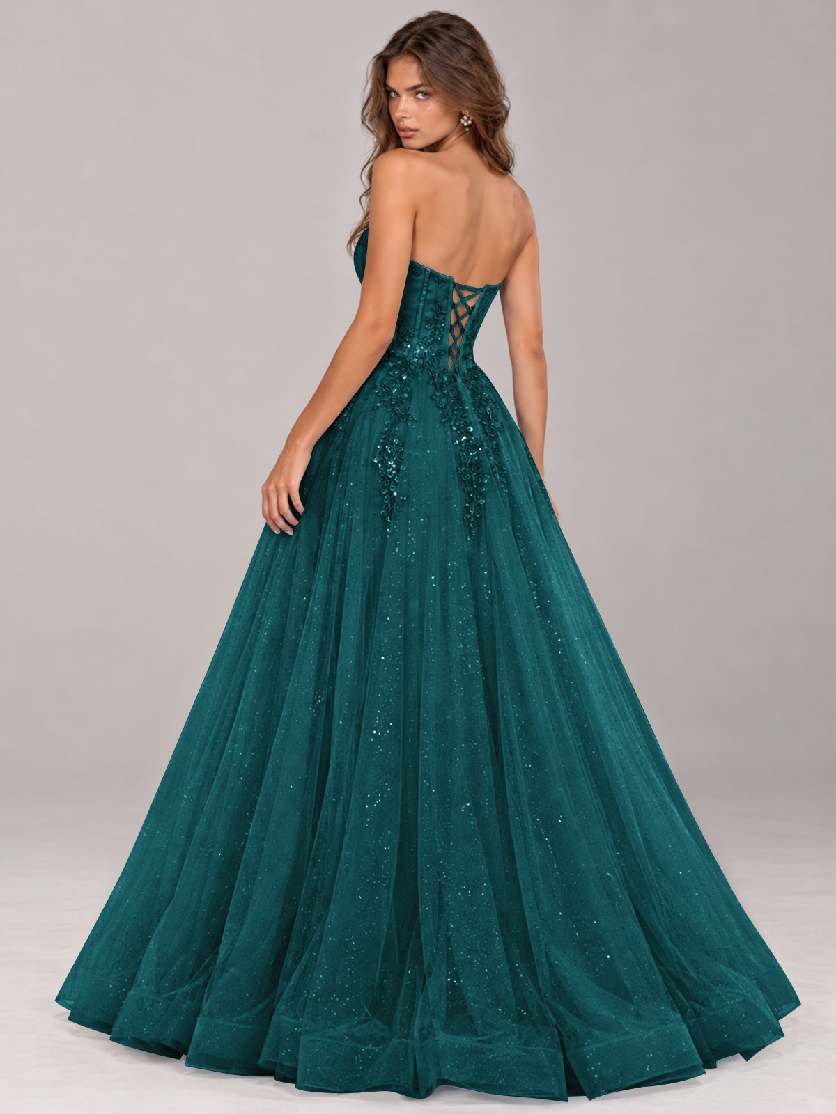 Strapless Sweetheart Beaded Corset Glitter Tulle Ball Gown Prom Dress