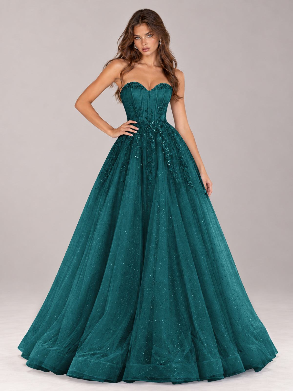 Strapless Sweetheart Beaded Corset Glitter Tulle Ball Gown Prom Dress