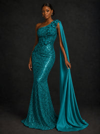 Gold Sequin One Shoulder Mermaid Prom Dress with Cape