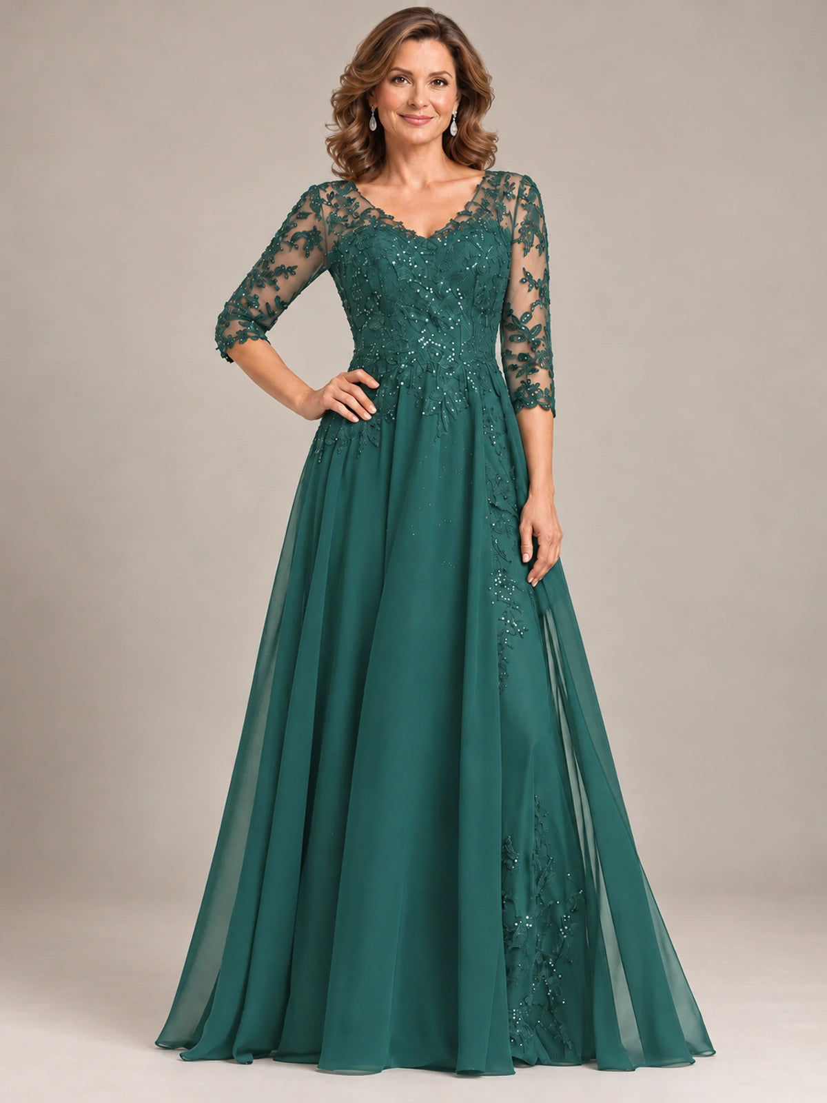 Sequin Lace A-Line Mother of the Bride Dress with 3/4 Sleeves
