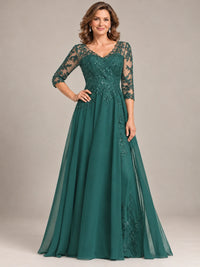 Sequin Lace A-Line Mother of the Bride Dress with 3/4 Sleeves
