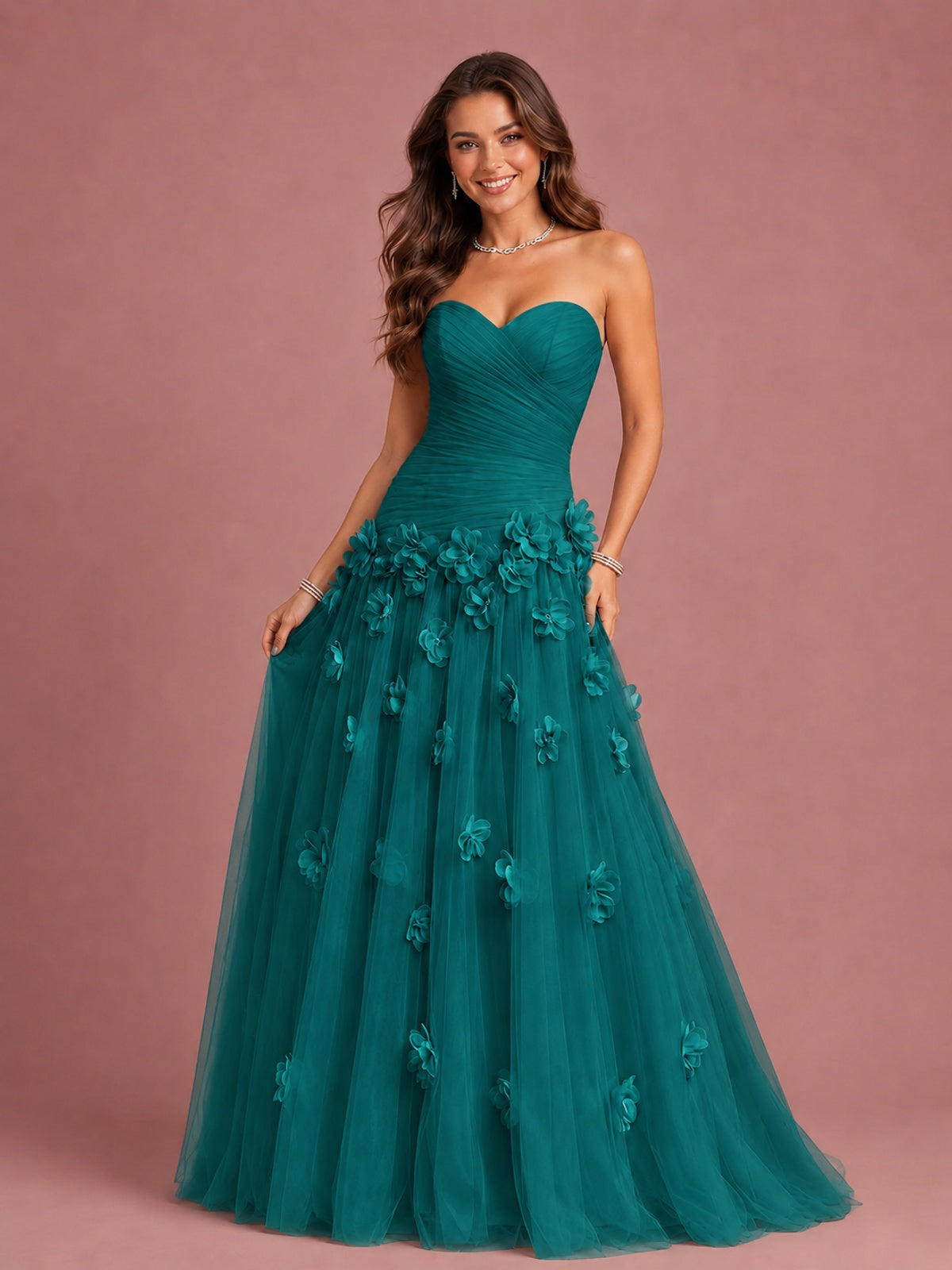 Blush Pink Strapless Sweetheart 3D Floral Tulle Ball Gown Prom Dres