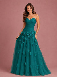 Blush Pink Strapless Sweetheart 3D Floral Tulle Ball Gown Prom Dres