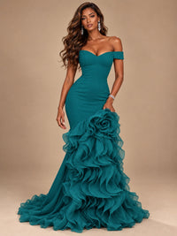 Dusty Blue Off-the-Shoulder Mermaid Prom Dress with 3D Rose & Ruffles