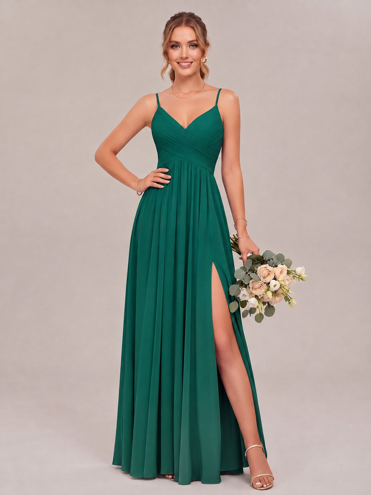 Teal Spaghetti Straps Pleated Chiffon Bridesmaid Dress with Slit V-Neck A-line Long Formal Evening Wedding Guest Gown