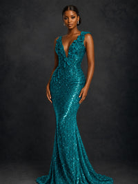 Gold Sequin Floral Applique Mermaid Prom Dress