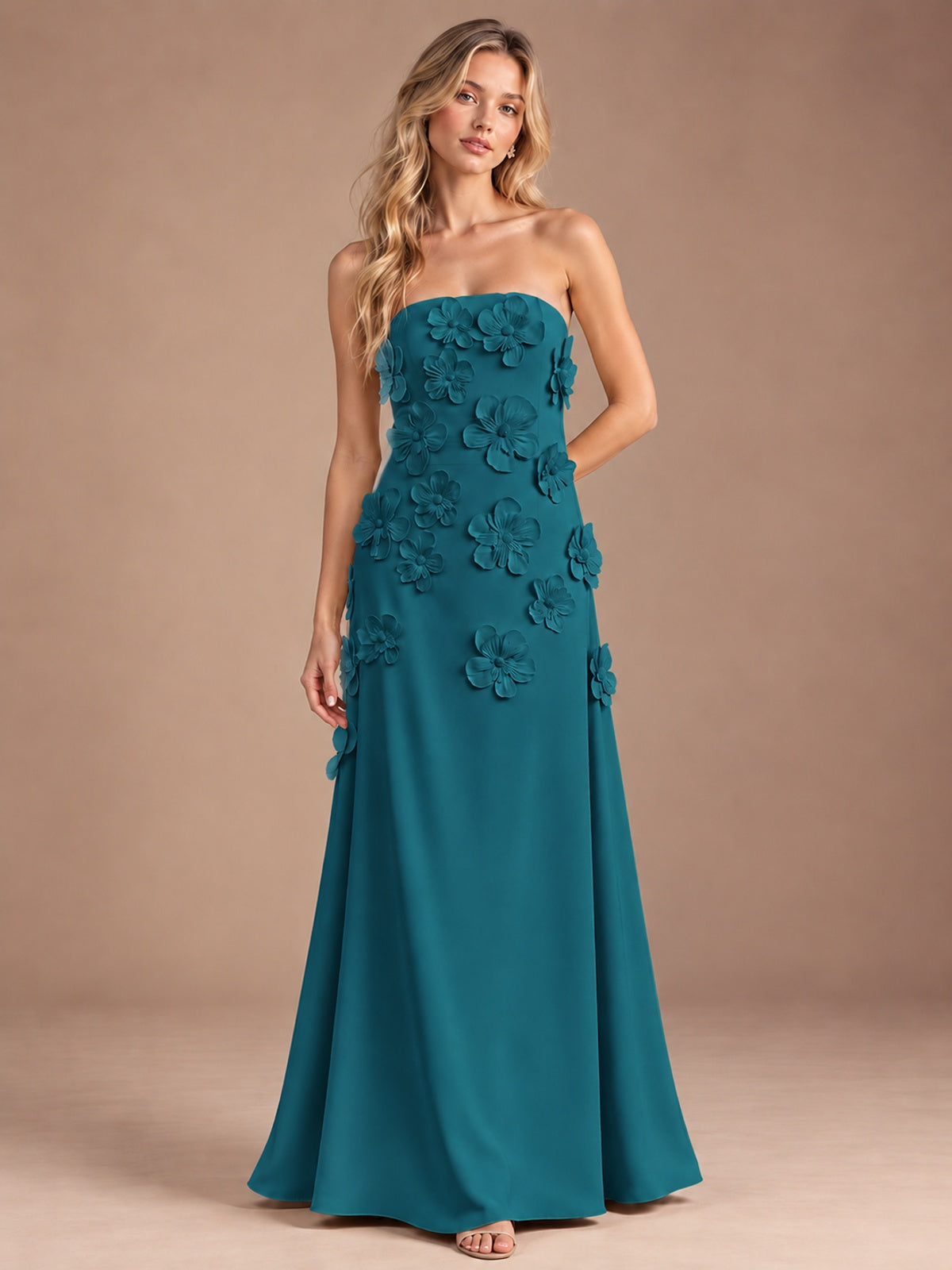 Teal-Strapless 3D Floral A-line Satin Prom Maxi Dress Formal Evening Gown