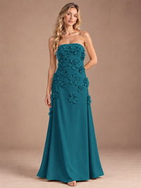 Teal-Strapless 3D Floral A-line Satin Prom Maxi Dress Formal Evening Gown