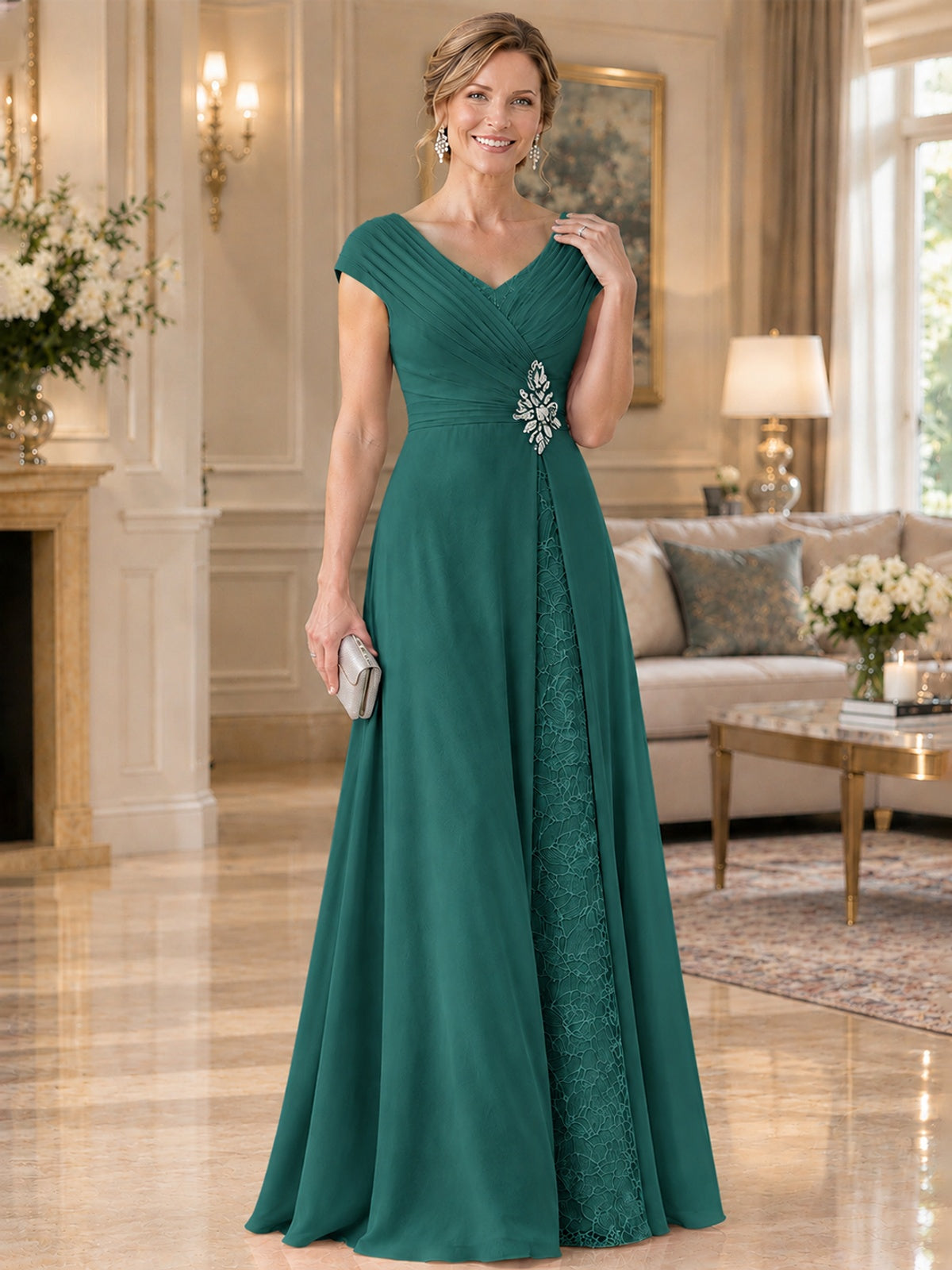 Pleated Chiffon Lace Mother of The Bride Dresses with Beading Cap Sleeves