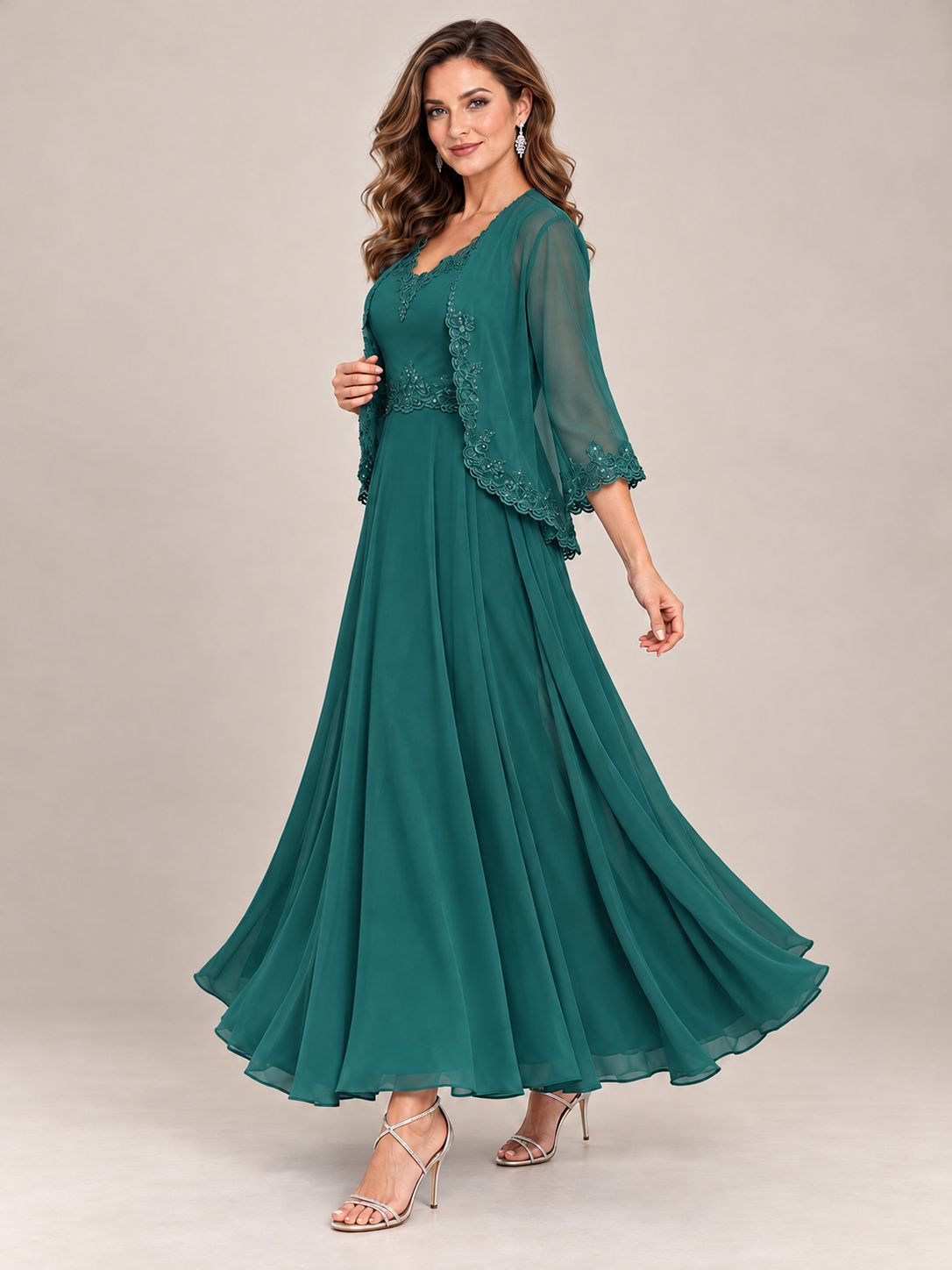 Dusty Blue Floral Lace Chiffon Mother of the Bride Dress with Jacket