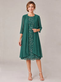 Teal-2 Piece Lace Appliques Chiffon Mother of The Bride Dress with Sequin