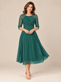 Teal-Lace Applique Pleated Tea Length Mother of The Bride Dresses