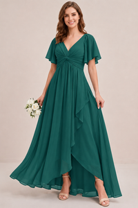 Dusty Blue Chiffon Bridesmaid Dress with Flutter Sleeves & High-Low Hem