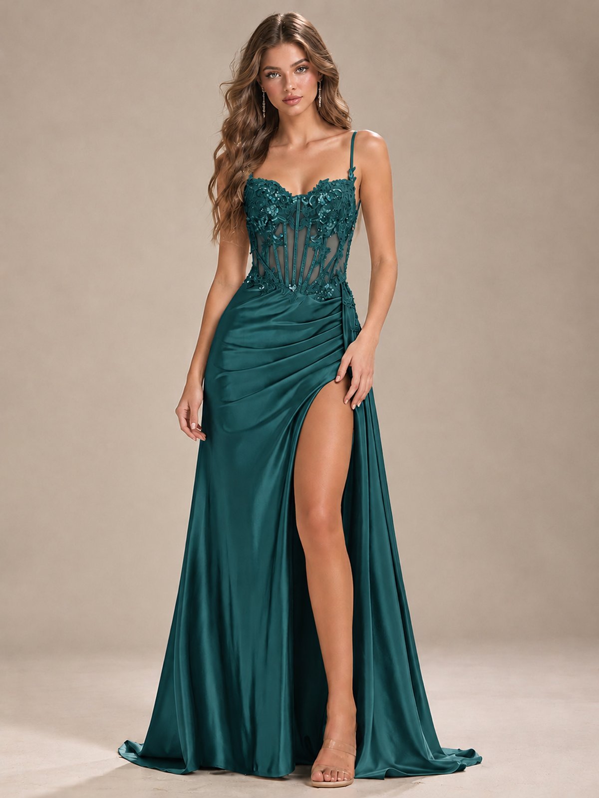 Mermaid Satin Prom Dress with Floral Appliqué Corset and High Slit