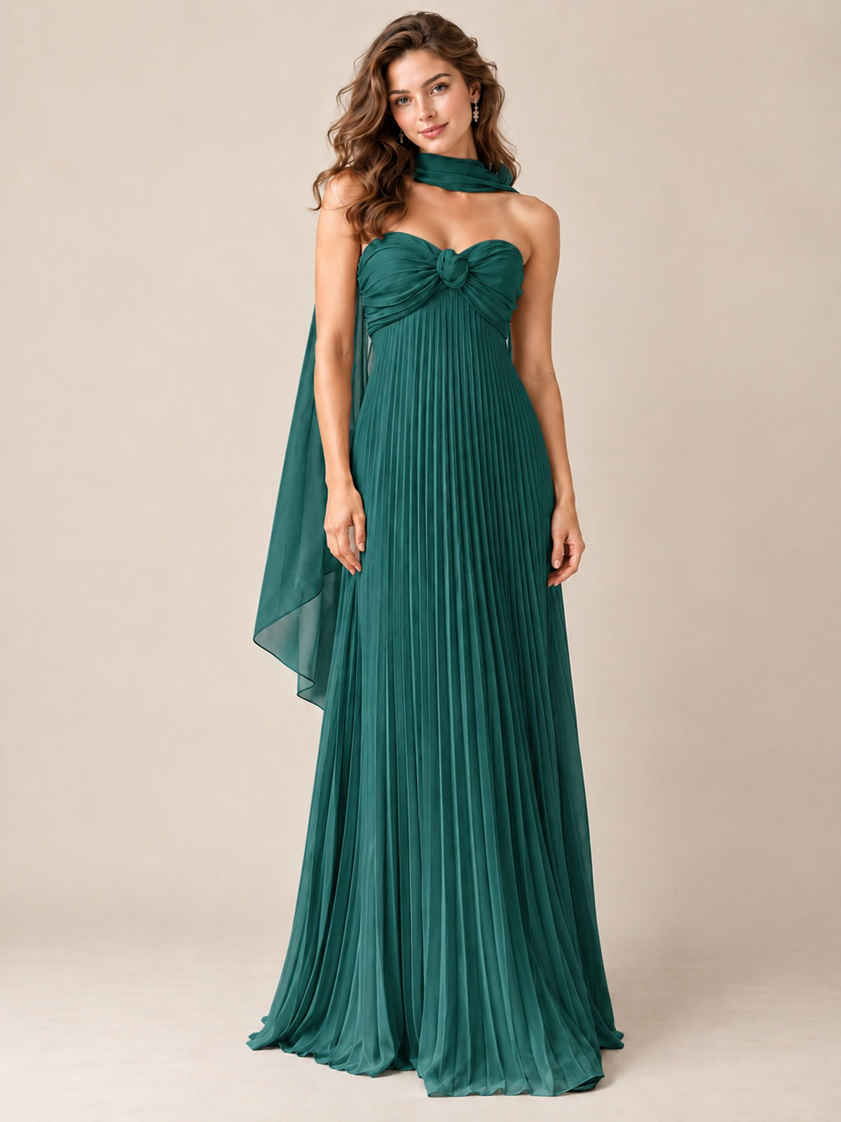 Sweetheart Neckline Pleated Prom Dress Strapless A-line Formal Dress with Flowy Scarf
