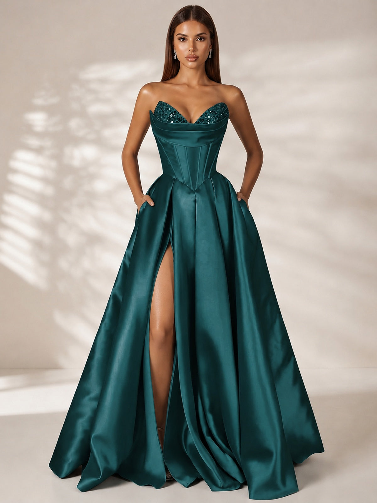 Teal Strapless Corset Satin Prom Dress Long Evening Gown with High Slit