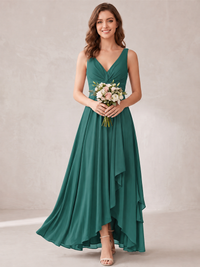 V-Neck High-Low Chiffon Bridesmaid Dress with Ruffles