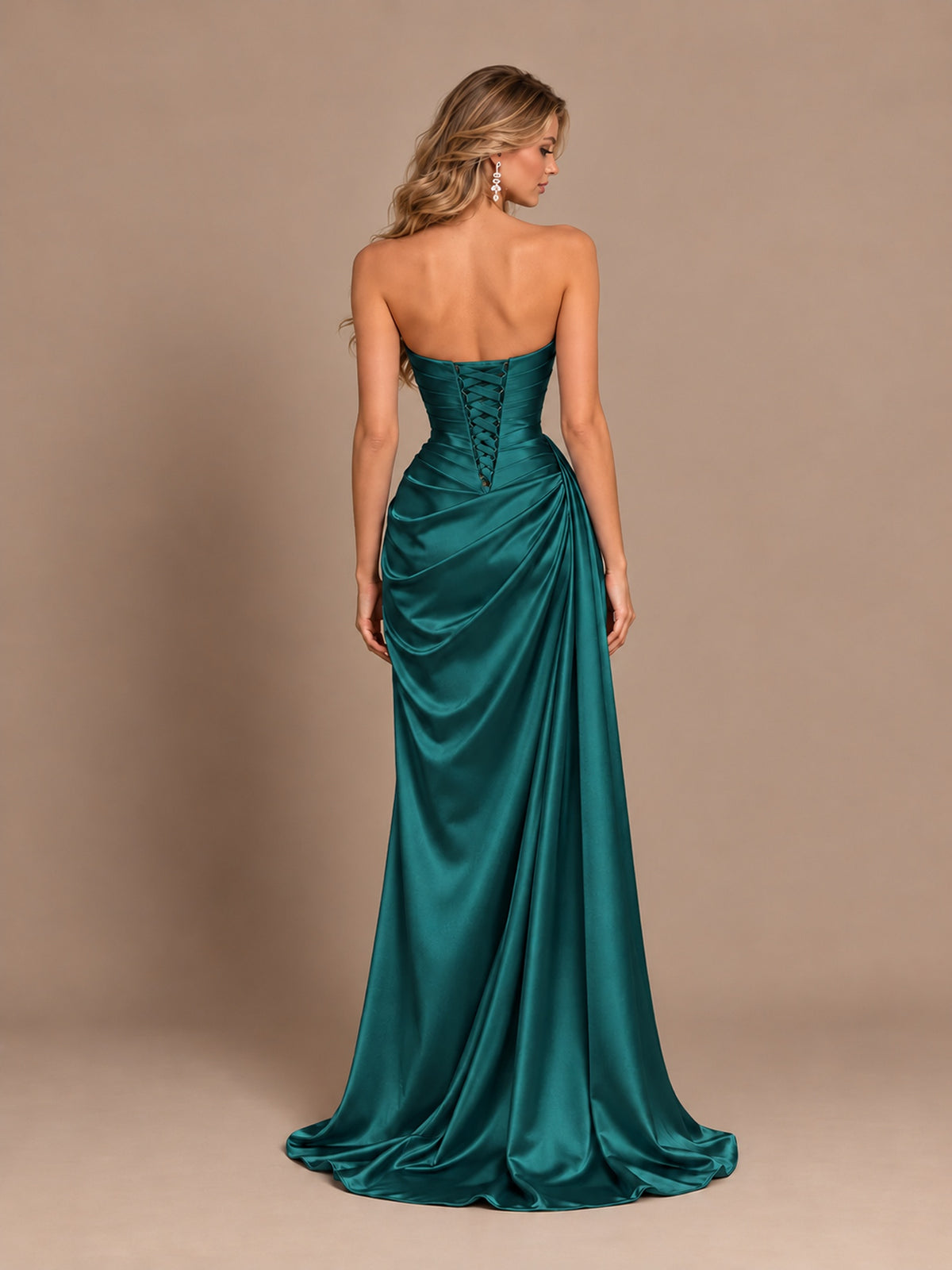 Dusty Blue Strapless Satin Prom Dress with Ruched Bodice and Slit