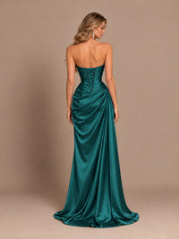 Dusty Blue Strapless Satin Prom Dress with Ruched Bodice and Slit