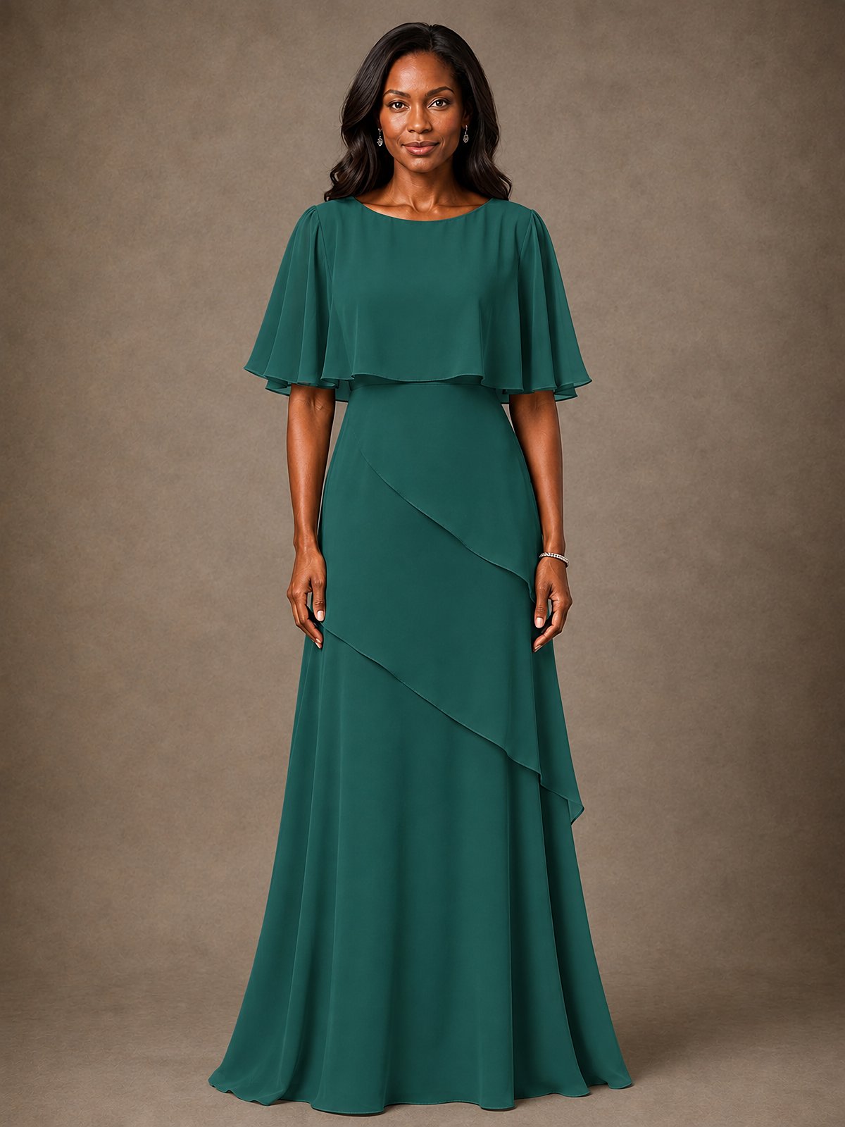 Taupe Chiffon A-Line Mother of the Bride Dress with Cape Sleeves