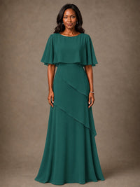 Taupe Chiffon A-Line Mother of the Bride Dress with Cape Sleeves