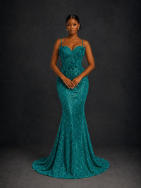 Sequin Mermaid Prom Dress with Floral Applique