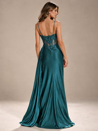 Mermaid Satin Prom Dress with Floral Appliqué Corset and High Slit