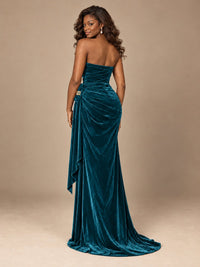 Burgundy Velvet Strapless Ruched Prom Dress with Jeweled Side Drape