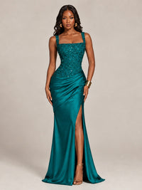 Scoop Neck Sequin Prom Dress with High Slit Satin Formal Gowns