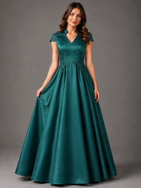 Lace Appliqué A-Line Satin Maxi Dress