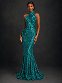 Sparkly Sequin High Neck Mermaid Prom Dress