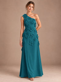 Teal- One Shoulder Satin Formal Maxi Dress with 3D Floral