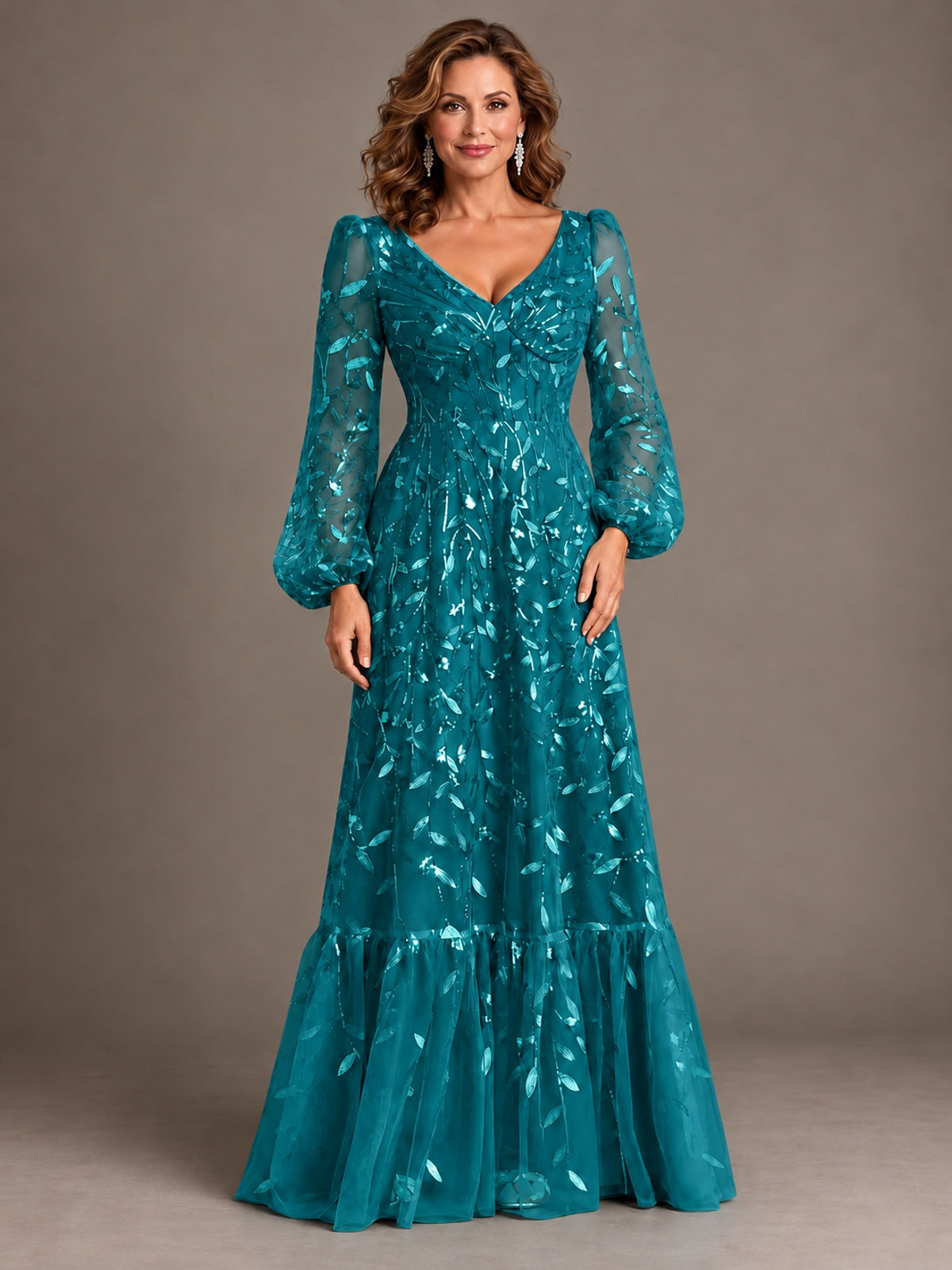 Floral Sequin Embroidered A-Line Mother of the Bride Dress with Long Sleeves