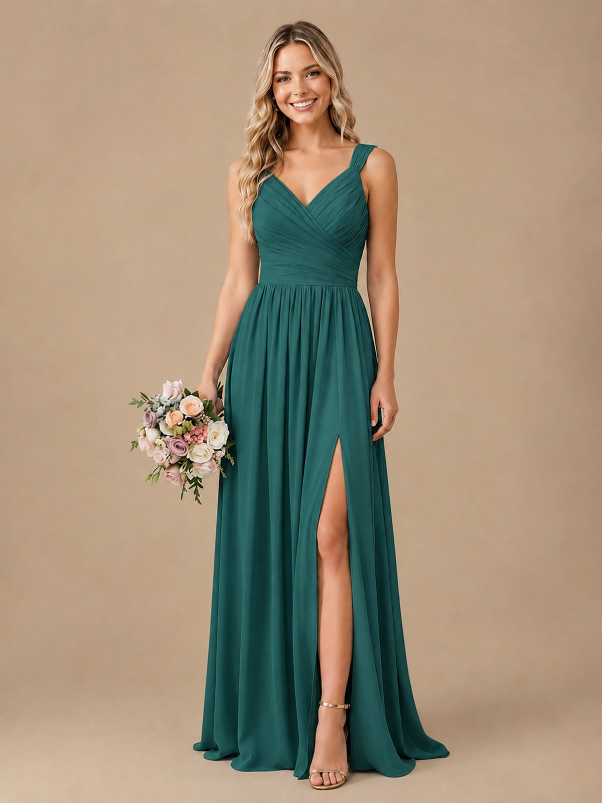 Pleated Chiffon V Neck Wedding Bridesmaid Dresses Floor Length with Slit