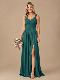 Pleated Chiffon V Neck Wedding Bridesmaid Dresses Floor Length with Slit