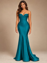 Red Strapless Satin Mermaid Prom Dress with Corset Bodice
