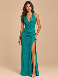 Halter V-Neck Sequin Mermaid Prom Dress with High Slit