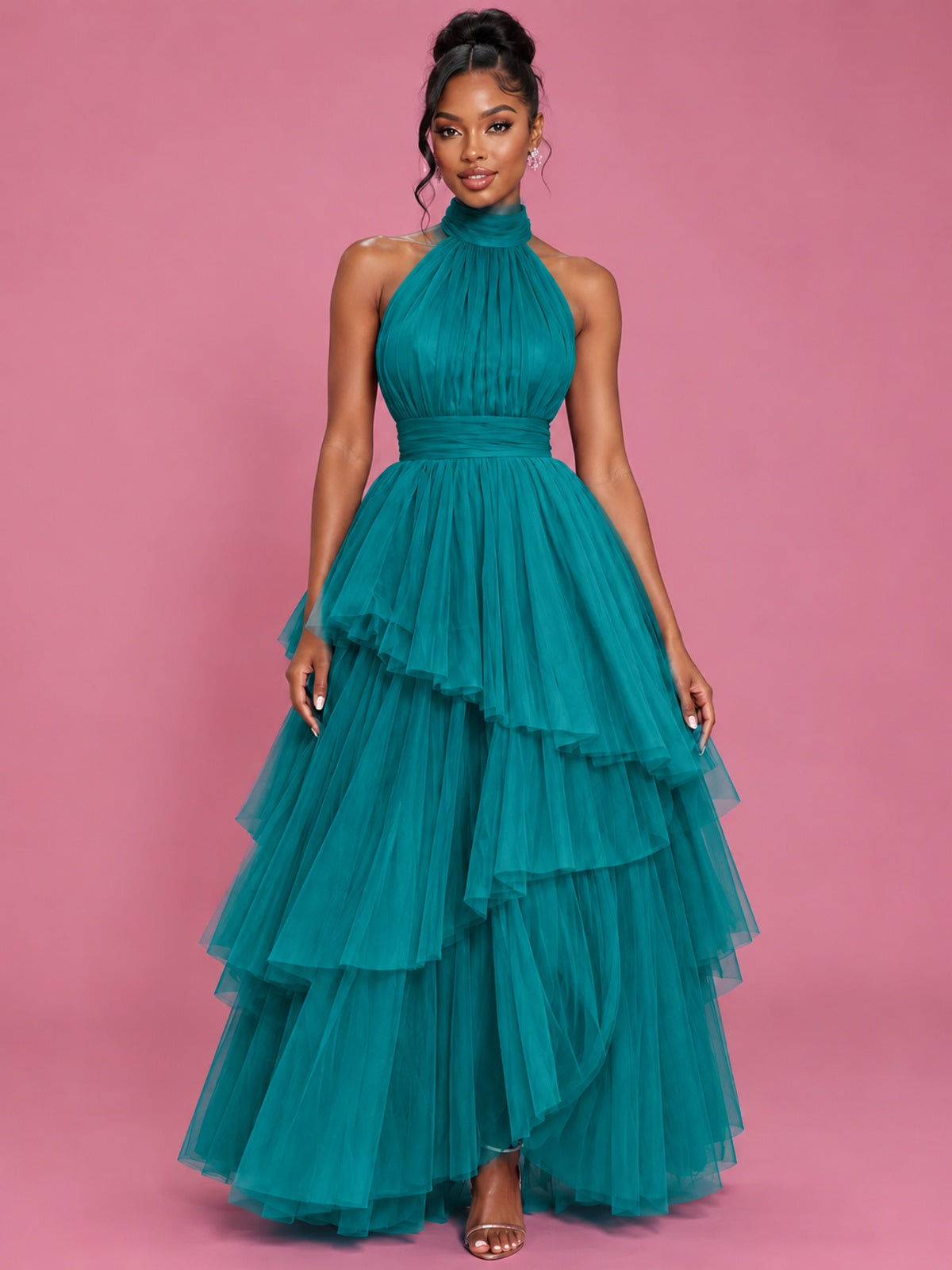 Hot Pink Tulle Halter Neck Tiered Ruffle Maxi Dress