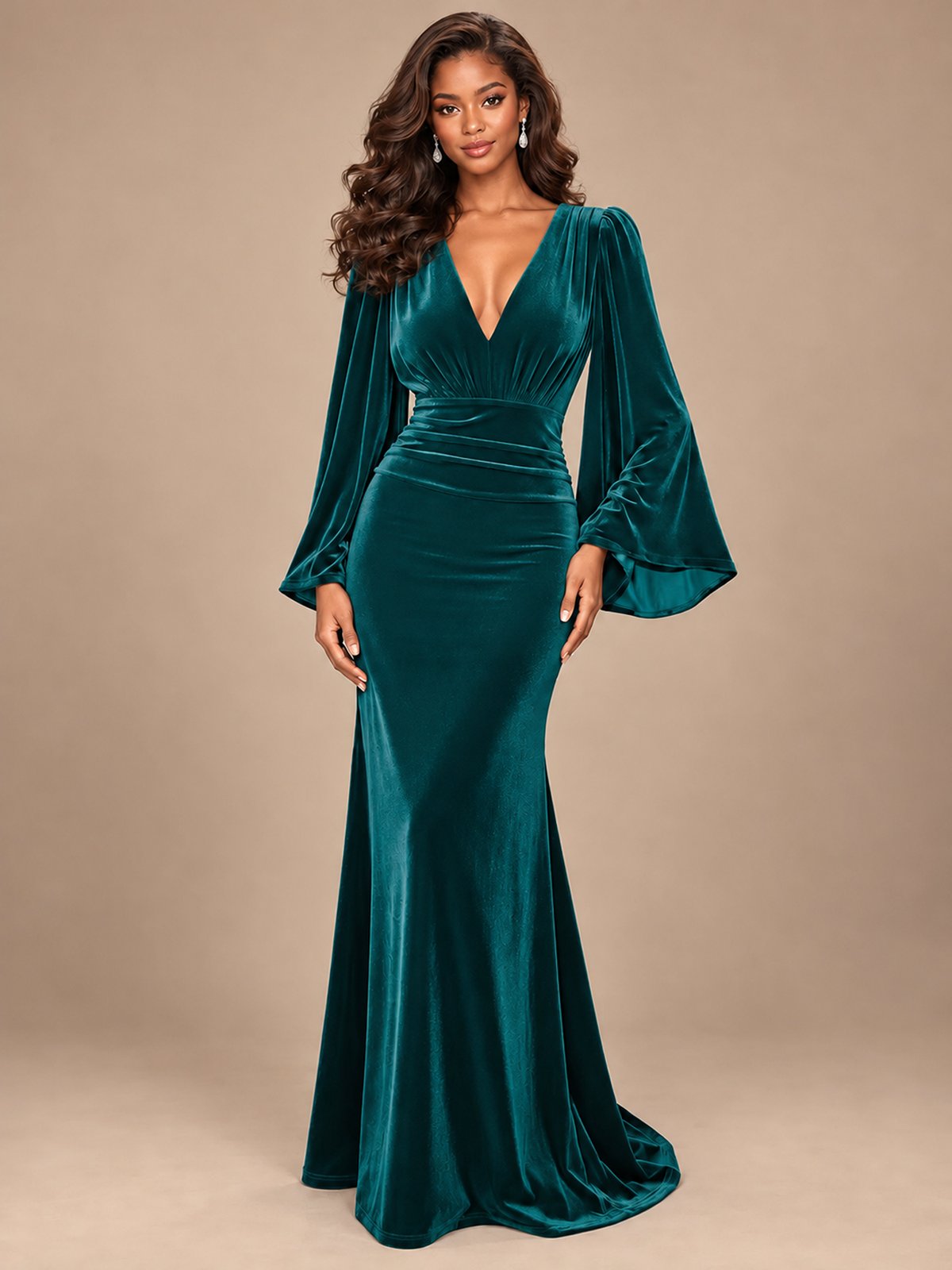 Burgundy Velvet Deep V-Neck Ruched Long Sleeve Maxi Dress