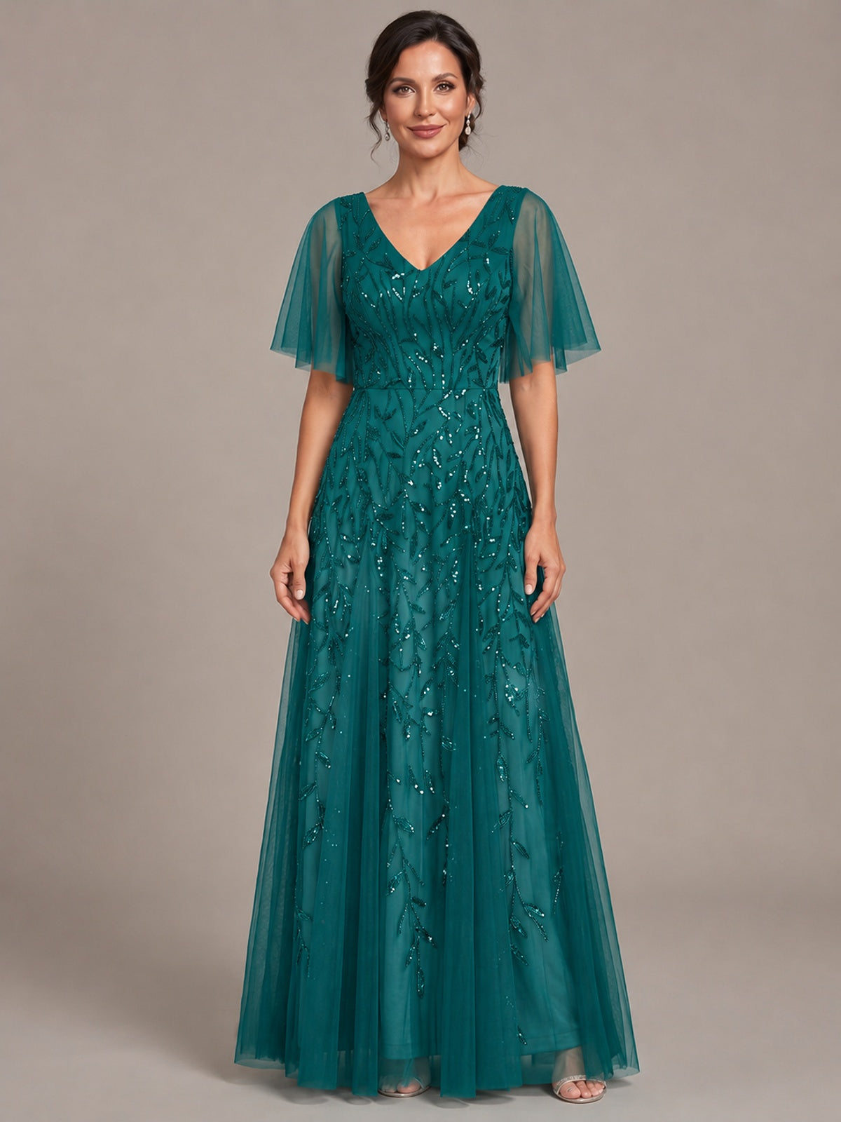 Teal V-Neck Sequin Tulle Mother of the Bride Dress with Flutter Sleeve A-line Evening Formal Wedding Guest Dress