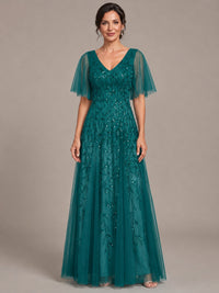 Teal V-Neck Sequin Tulle Mother of the Bride Dress with Flutter Sleeve A-line Evening Formal Wedding Guest Dress