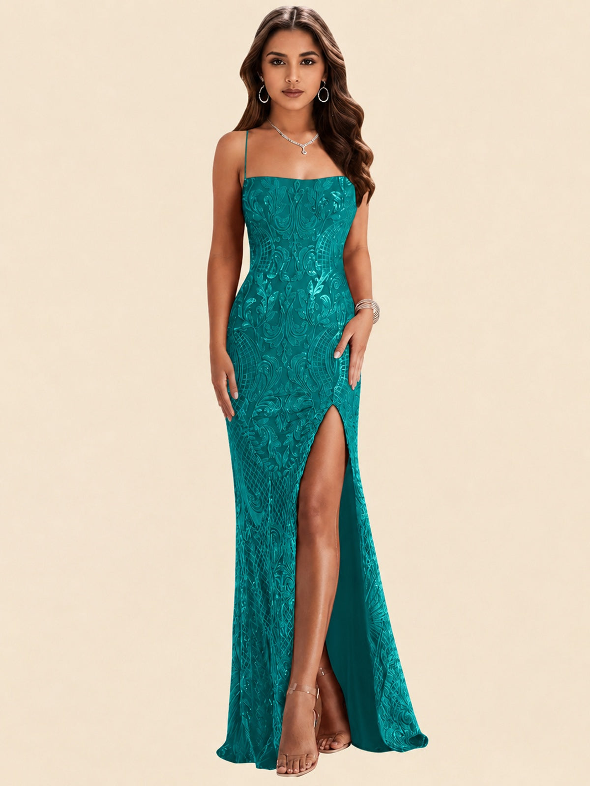 Sequin Lace Appliques Mermaid Prom Dress Spaghetti Strap Formal Gowns with Slit