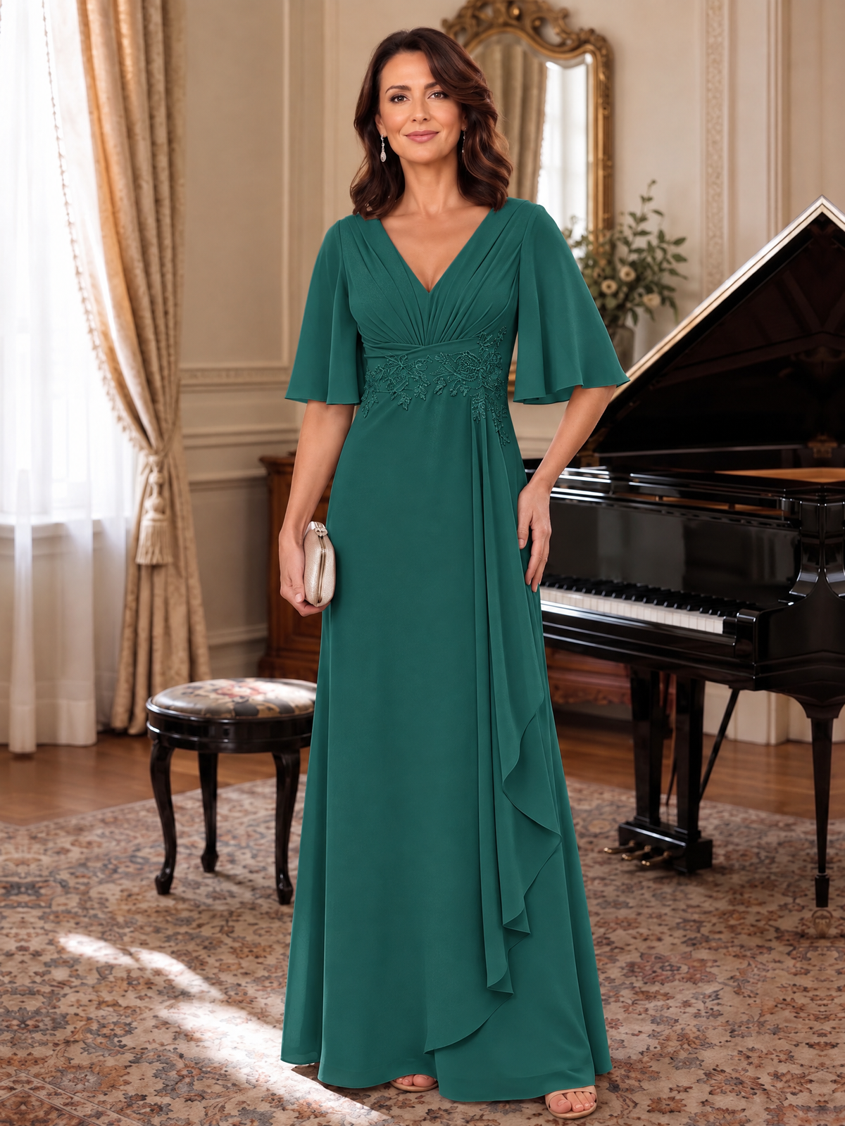 V-Neck Chiffon Lace Mother of the Bride Dresses