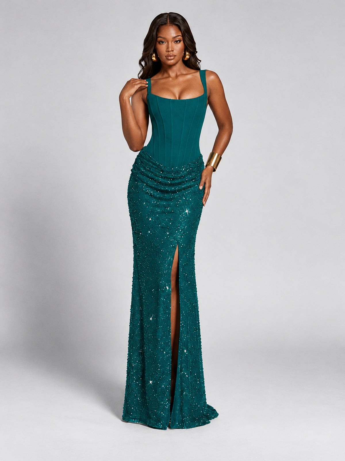 Sequin Corset Mermaid Prom Dress with Square Neck Wide Strap High Slit