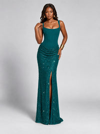 Sequin Corset Mermaid Prom Dress with Square Neck Wide Strap High Slit