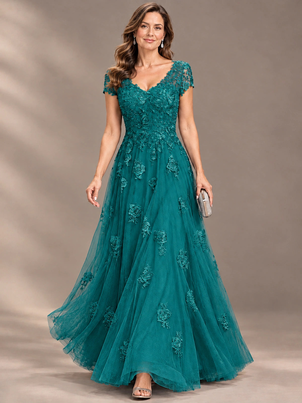 Lace Appliques A-line Mother of The Bride Dresses with Short Sleeves