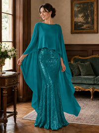Sequin 2 Pieces Mother of the Bride Dress with Cap Sleeves Chiffon Formal Gowns